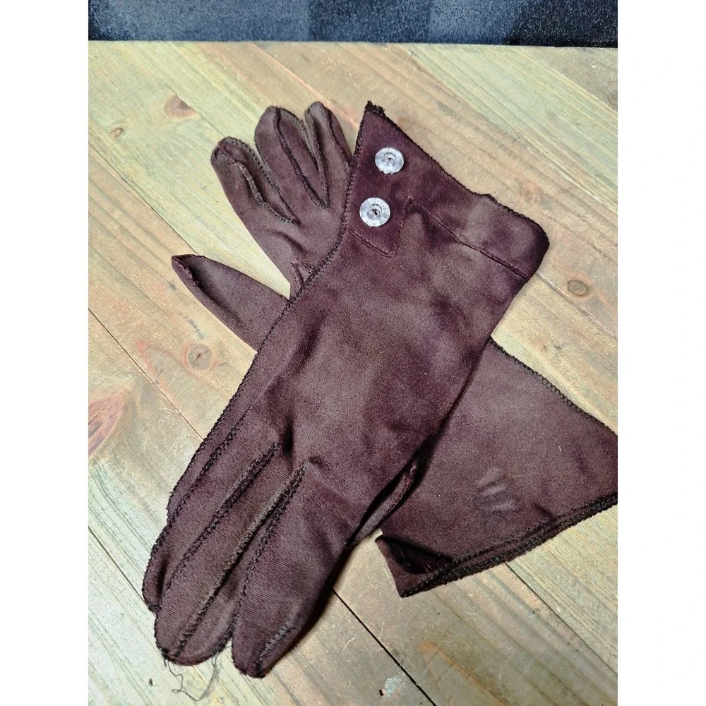 Vintage Brown Nylon Wrist Length Gloves with Clear Buttons Retro Mid Century